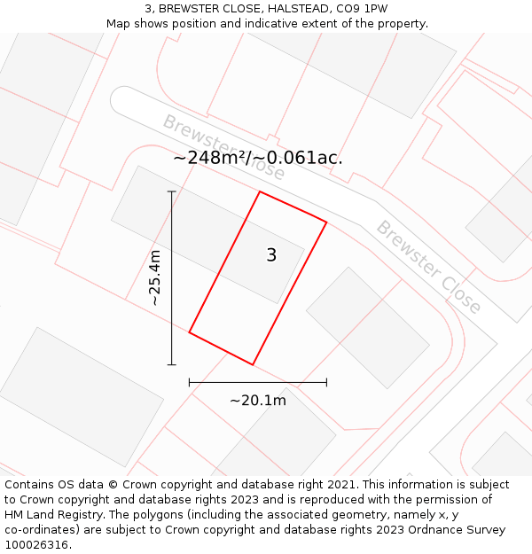 3, BREWSTER CLOSE, HALSTEAD, CO9 1PW: Plot and title map