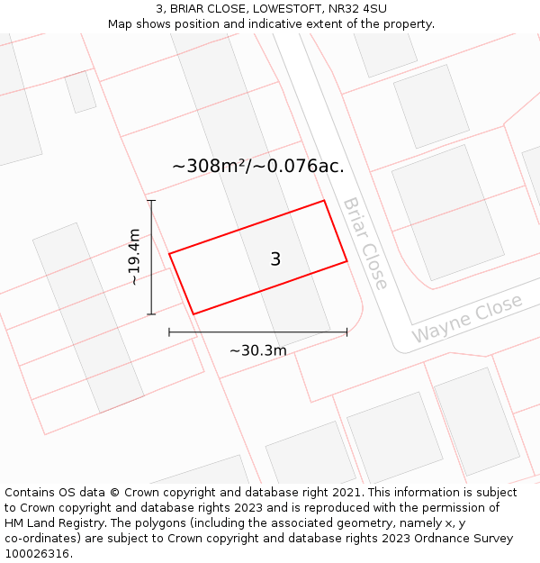 3, BRIAR CLOSE, LOWESTOFT, NR32 4SU: Plot and title map