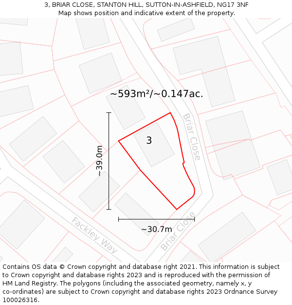 3, BRIAR CLOSE, STANTON HILL, SUTTON-IN-ASHFIELD, NG17 3NF: Plot and title map