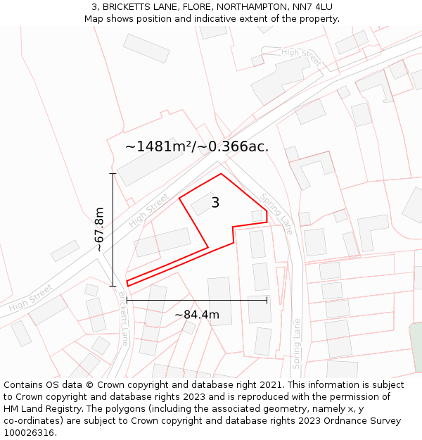 3, BRICKETTS LANE, FLORE, NORTHAMPTON, NN7 4LU: Plot and title map