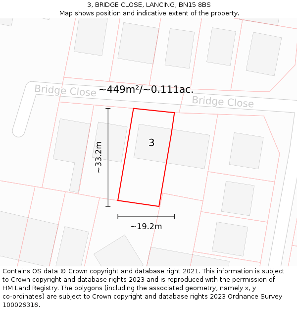 3, BRIDGE CLOSE, LANCING, BN15 8BS: Plot and title map