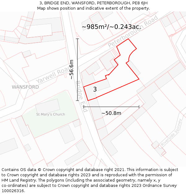 3, BRIDGE END, WANSFORD, PETERBOROUGH, PE8 6JH: Plot and title map