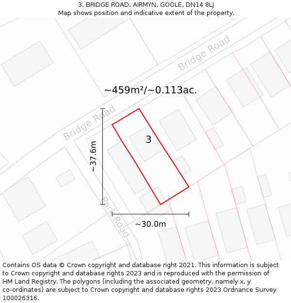 3, BRIDGE ROAD, AIRMYN, GOOLE, DN14 8LJ: Plot and title map