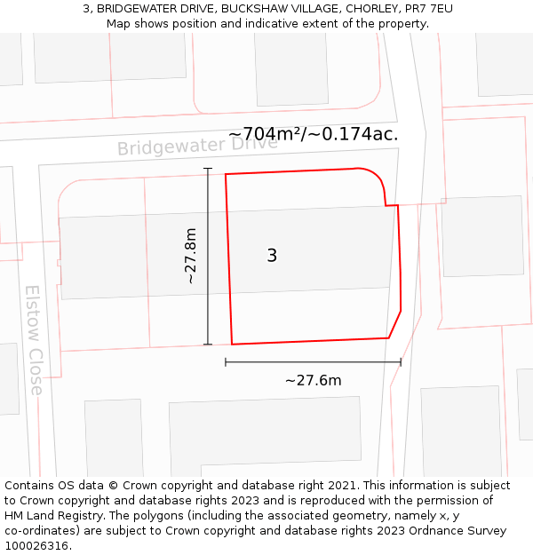 3, BRIDGEWATER DRIVE, BUCKSHAW VILLAGE, CHORLEY, PR7 7EU: Plot and title map