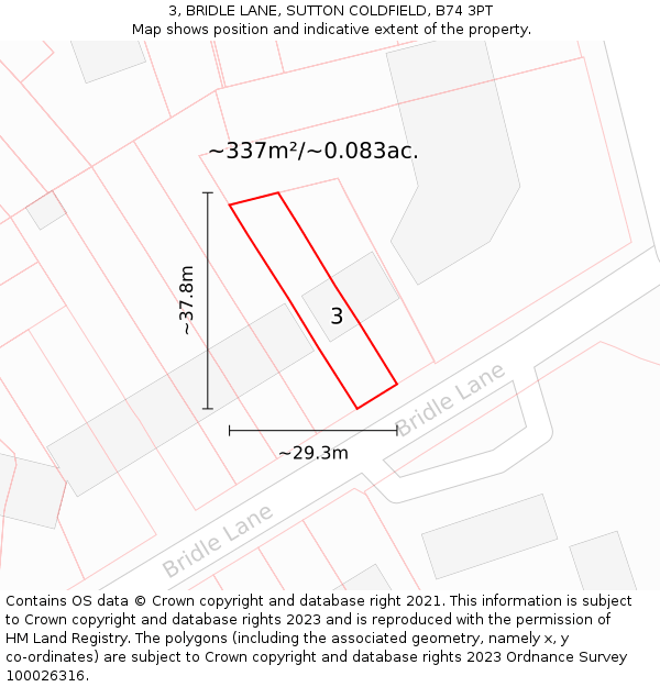 3, BRIDLE LANE, SUTTON COLDFIELD, B74 3PT: Plot and title map