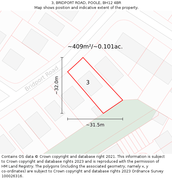 3, BRIDPORT ROAD, POOLE, BH12 4BR: Plot and title map