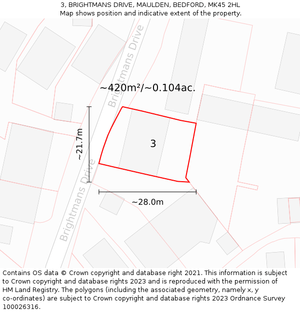 3, BRIGHTMANS DRIVE, MAULDEN, BEDFORD, MK45 2HL: Plot and title map