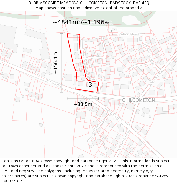 3, BRIMSCOMBE MEADOW, CHILCOMPTON, RADSTOCK, BA3 4FQ: Plot and title map
