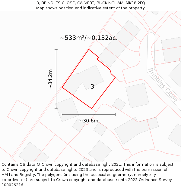 3, BRINDLES CLOSE, CALVERT, BUCKINGHAM, MK18 2FQ: Plot and title map
