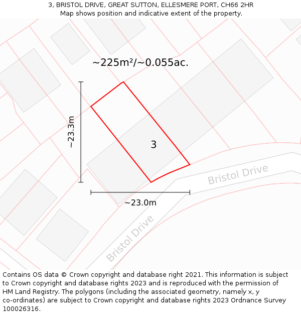 3, BRISTOL DRIVE, GREAT SUTTON, ELLESMERE PORT, CH66 2HR: Plot and title map