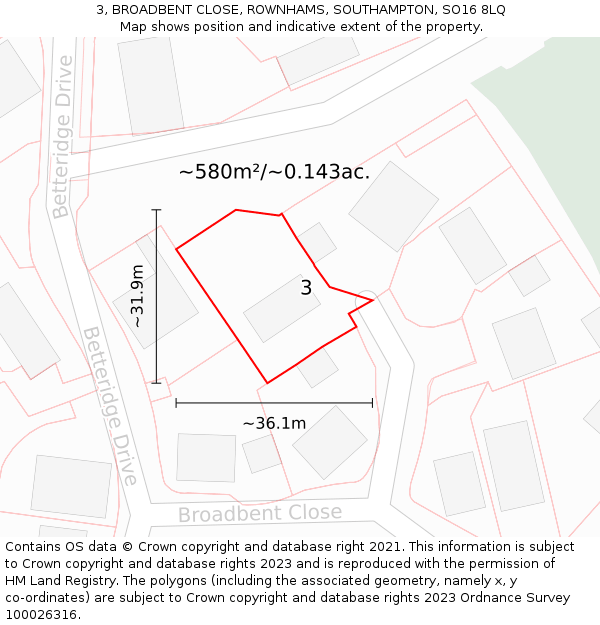 3, BROADBENT CLOSE, ROWNHAMS, SOUTHAMPTON, SO16 8LQ: Plot and title map