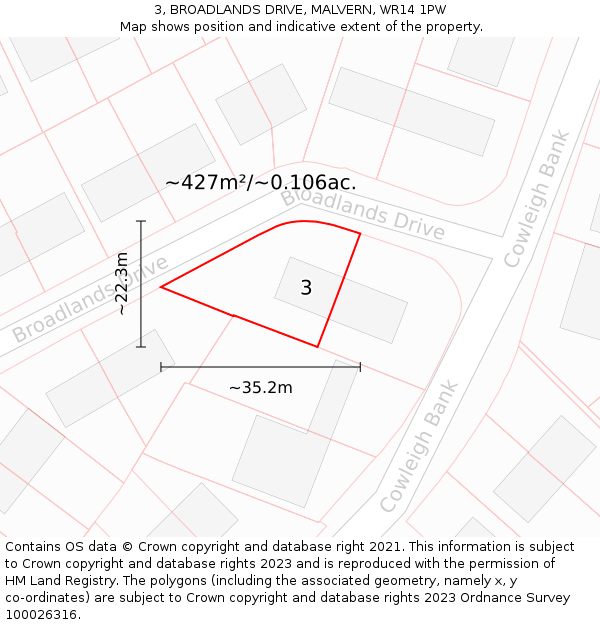 3, BROADLANDS DRIVE, MALVERN, WR14 1PW: Plot and title map