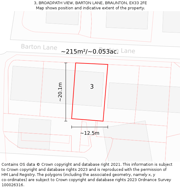 3, BROADPATH VIEW, BARTON LANE, BRAUNTON, EX33 2FE: Plot and title map