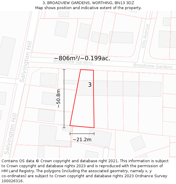 3, BROADVIEW GARDENS, WORTHING, BN13 3DZ: Plot and title map