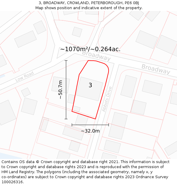 3, BROADWAY, CROWLAND, PETERBOROUGH, PE6 0BJ: Plot and title map