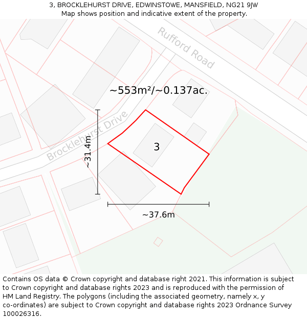 3, BROCKLEHURST DRIVE, EDWINSTOWE, MANSFIELD, NG21 9JW: Plot and title map