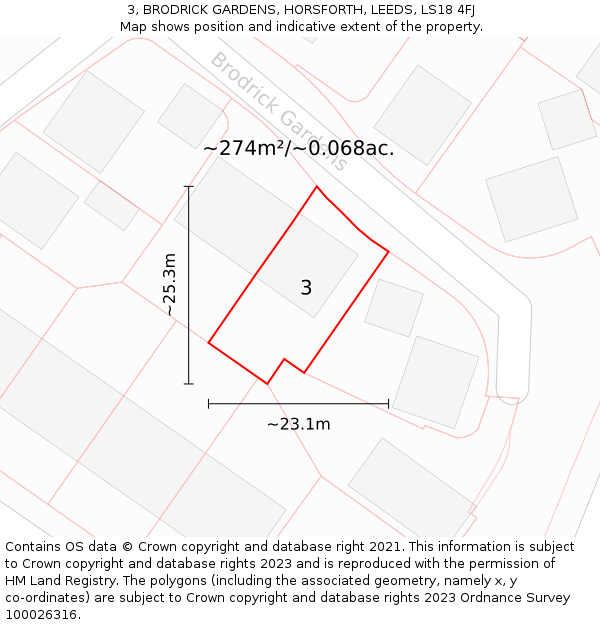3, BRODRICK GARDENS, HORSFORTH, LEEDS, LS18 4FJ: Plot and title map