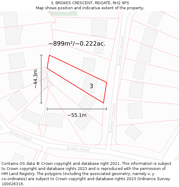 3, BROKES CRESCENT, REIGATE, RH2 9PS: Plot and title map