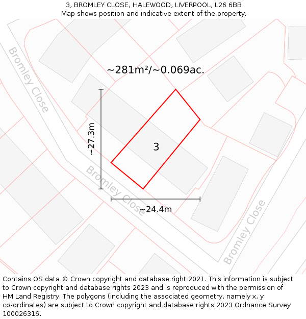 3, BROMLEY CLOSE, HALEWOOD, LIVERPOOL, L26 6BB: Plot and title map