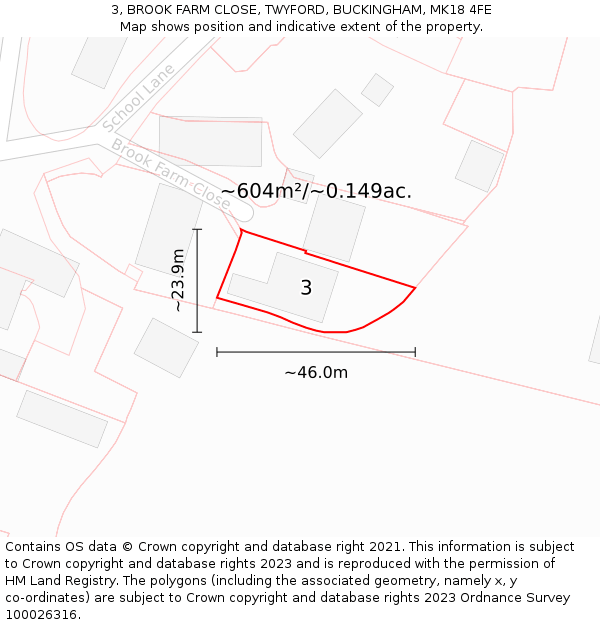 3, BROOK FARM CLOSE, TWYFORD, BUCKINGHAM, MK18 4FE: Plot and title map