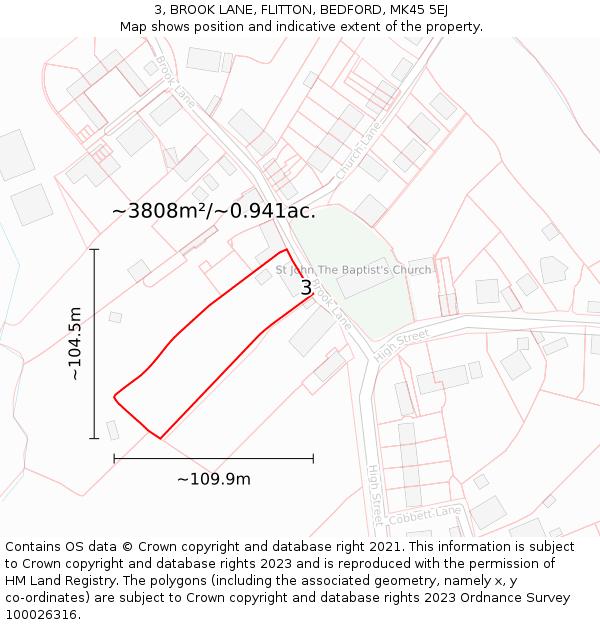 3, BROOK LANE, FLITTON, BEDFORD, MK45 5EJ: Plot and title map