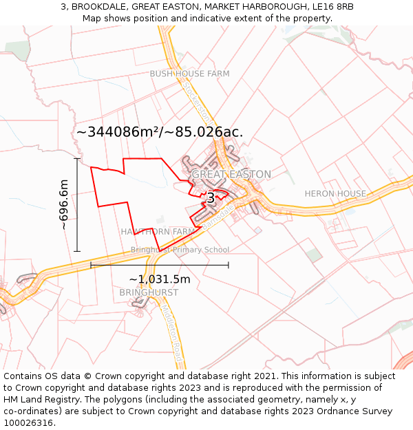 3, BROOKDALE, GREAT EASTON, MARKET HARBOROUGH, LE16 8RB: Plot and title map