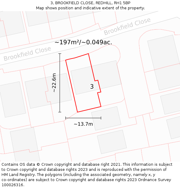 3, BROOKFIELD CLOSE, REDHILL, RH1 5BP: Plot and title map