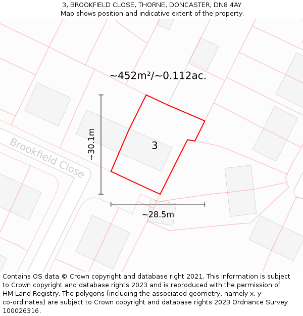 3, BROOKFIELD CLOSE, THORNE, DONCASTER, DN8 4AY: Plot and title map