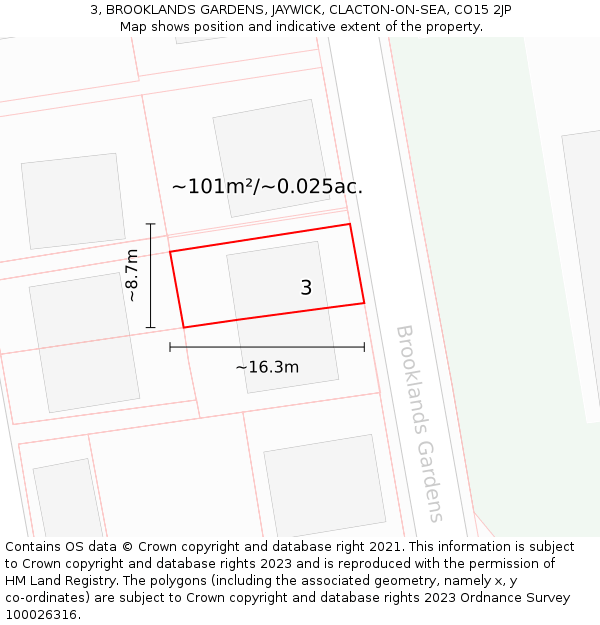 3, BROOKLANDS GARDENS, JAYWICK, CLACTON-ON-SEA, CO15 2JP: Plot and title map
