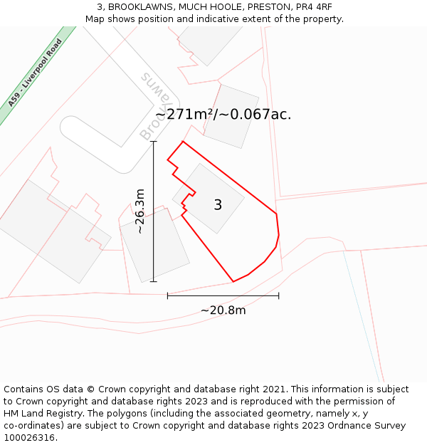 3, BROOKLAWNS, MUCH HOOLE, PRESTON, PR4 4RF: Plot and title map