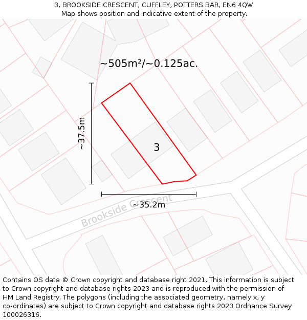 3, BROOKSIDE CRESCENT, CUFFLEY, POTTERS BAR, EN6 4QW: Plot and title map