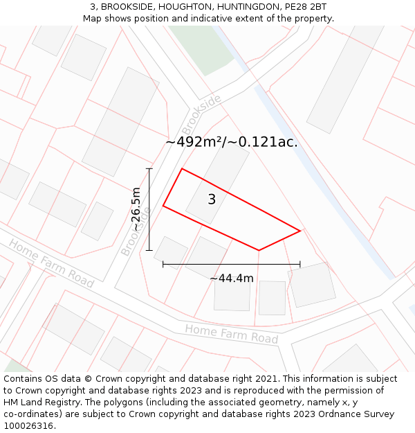 3, BROOKSIDE, HOUGHTON, HUNTINGDON, PE28 2BT: Plot and title map