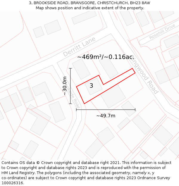 3, BROOKSIDE ROAD, BRANSGORE, CHRISTCHURCH, BH23 8AW: Plot and title map