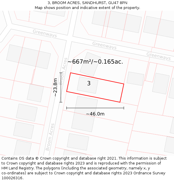3, BROOM ACRES, SANDHURST, GU47 8PN: Plot and title map