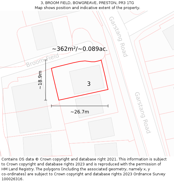 3, BROOM FIELD, BOWGREAVE, PRESTON, PR3 1TG: Plot and title map