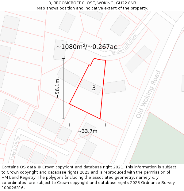 3, BROOMCROFT CLOSE, WOKING, GU22 8NR: Plot and title map
