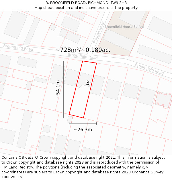 3, BROOMFIELD ROAD, RICHMOND, TW9 3HR: Plot and title map