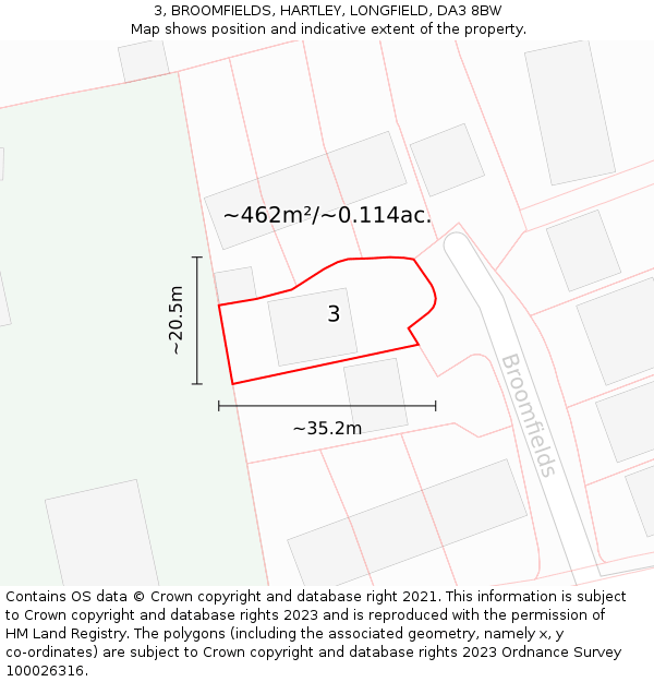 3, BROOMFIELDS, HARTLEY, LONGFIELD, DA3 8BW: Plot and title map