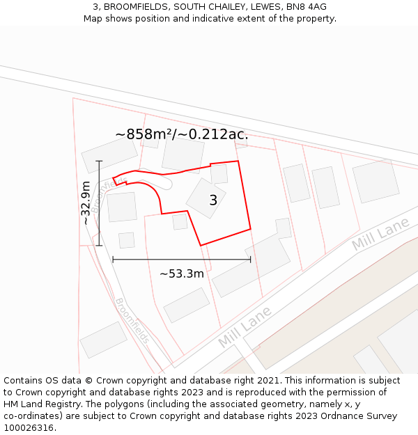 3, BROOMFIELDS, SOUTH CHAILEY, LEWES, BN8 4AG: Plot and title map