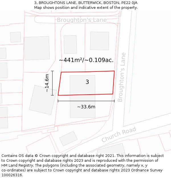 3, BROUGHTONS LANE, BUTTERWICK, BOSTON, PE22 0JA: Plot and title map