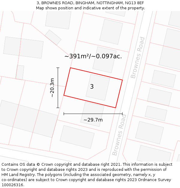 3, BROWNES ROAD, BINGHAM, NOTTINGHAM, NG13 8EF: Plot and title map