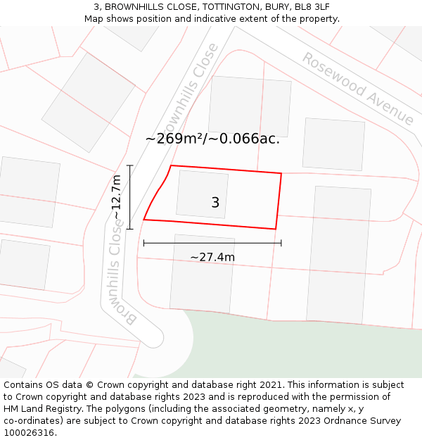 3, BROWNHILLS CLOSE, TOTTINGTON, BURY, BL8 3LF: Plot and title map