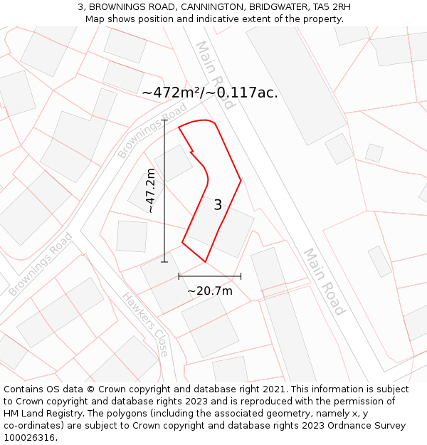 3, BROWNINGS ROAD, CANNINGTON, BRIDGWATER, TA5 2RH: Plot and title map