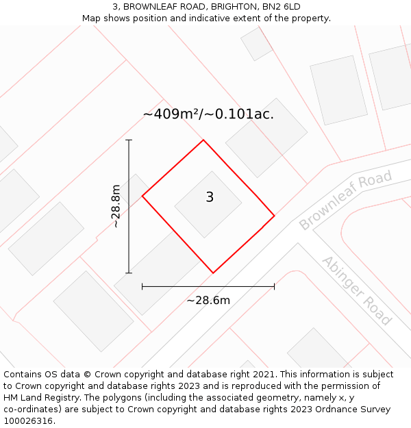 3, BROWNLEAF ROAD, BRIGHTON, BN2 6LD: Plot and title map