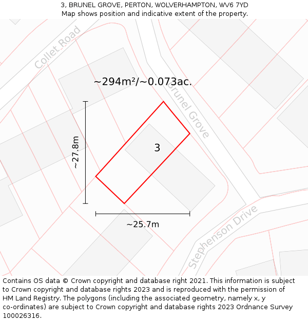 3, BRUNEL GROVE, PERTON, WOLVERHAMPTON, WV6 7YD: Plot and title map