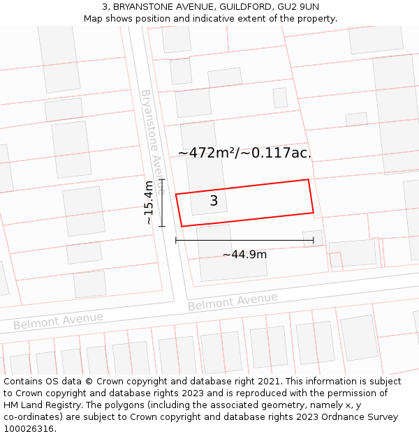 3, BRYANSTONE AVENUE, GUILDFORD, GU2 9UN: Plot and title map