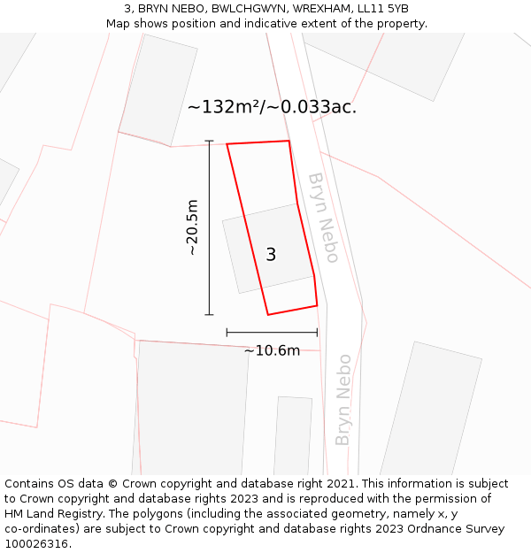 3, BRYN NEBO, BWLCHGWYN, WREXHAM, LL11 5YB: Plot and title map