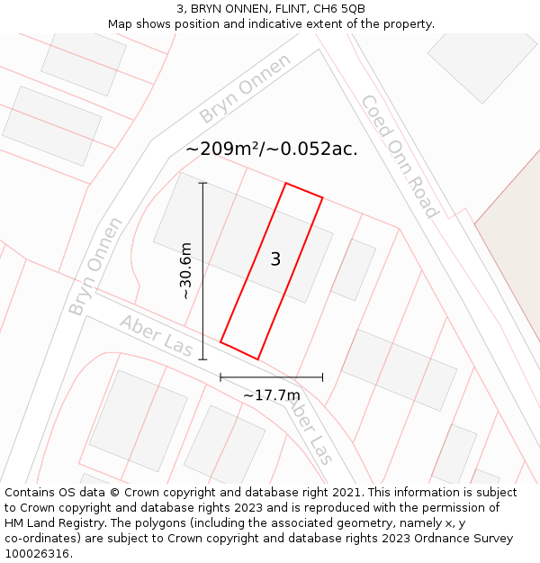 3, BRYN ONNEN, FLINT, CH6 5QB: Plot and title map