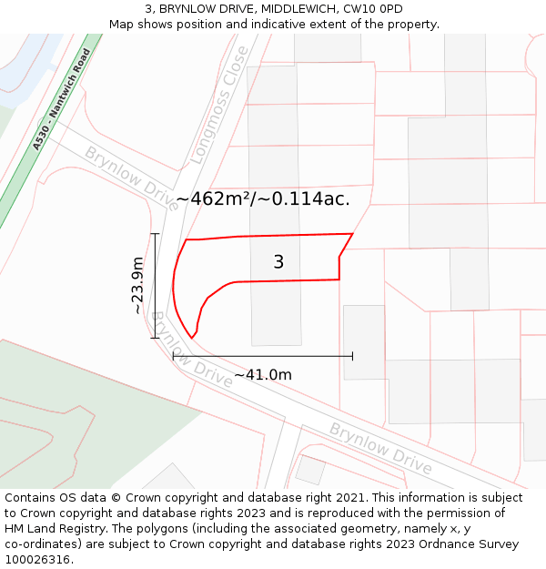 3, BRYNLOW DRIVE, MIDDLEWICH, CW10 0PD: Plot and title map