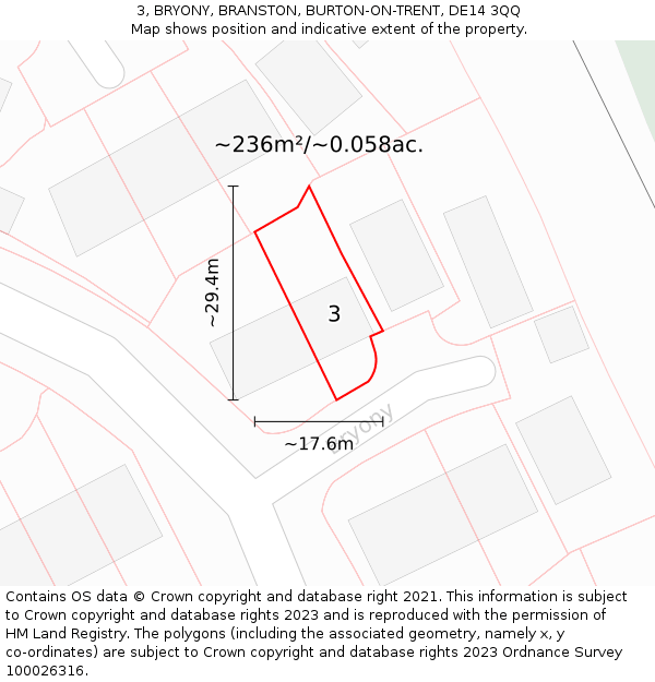 3, BRYONY, BRANSTON, BURTON-ON-TRENT, DE14 3QQ: Plot and title map